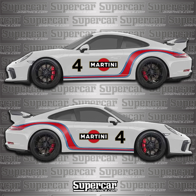 Porsche Martini Logo and Number Decal Kit with Curved Side Stripes 